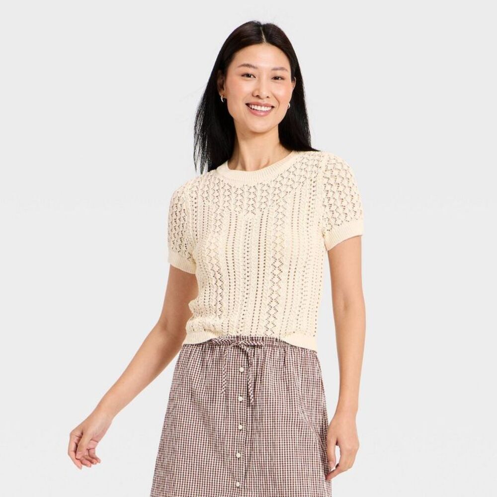 Women's Short Sleeve Crochet Sweater Top - A New Day Cream XL